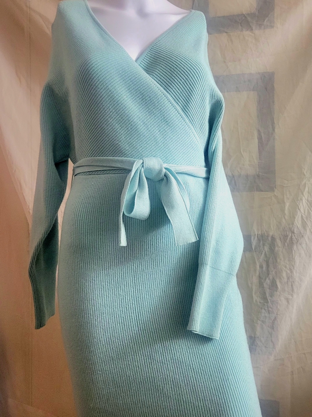 Zesica Womens Light Aqua Wrap Knit Dress with Belt